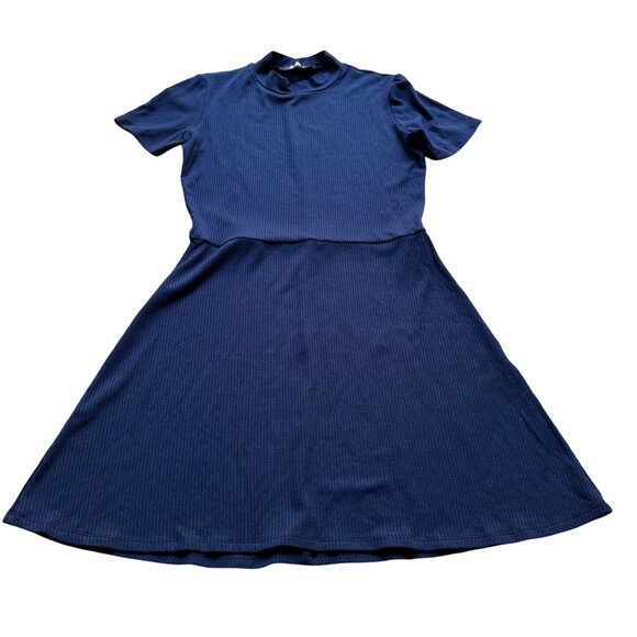 Reformation Size Large Navy Blue Ribbed Knit Mock Neck Short Sleeve Mini Dress - Picture 1 of 12